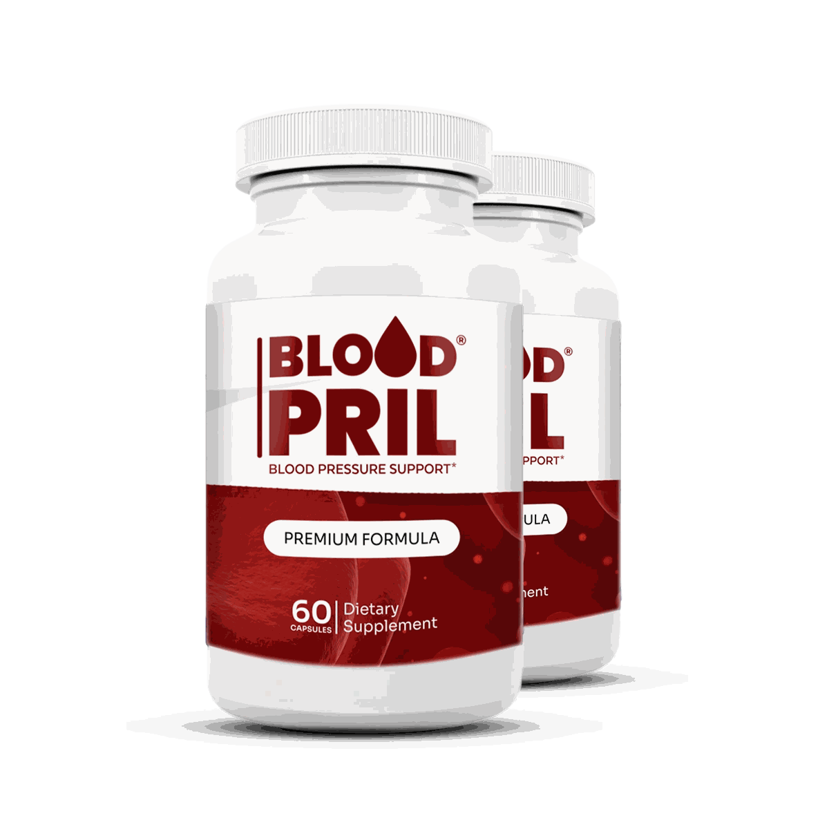 BloodPril, 2 white bottles with a deep-red label, 60 capsules each