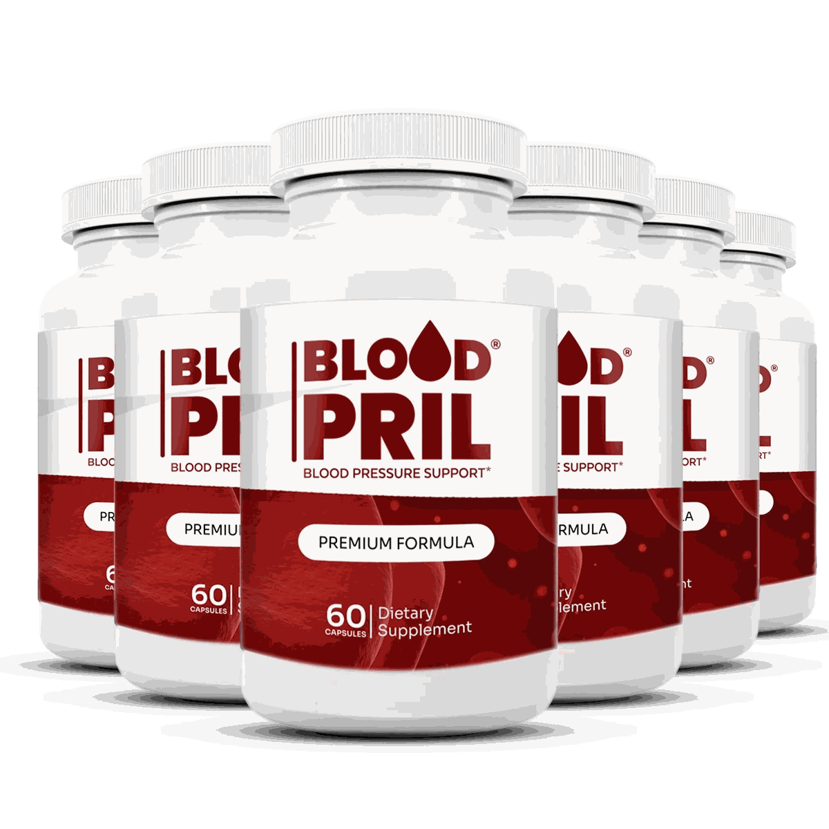 BloodPril, 6 white bottles with a deep-red label, 60 capsules each