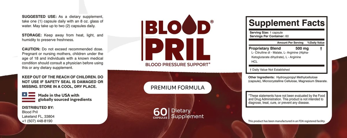 The flat printed BloodPril label wrap with numbered markers across the suggested use, storage, caution and distributor block on the left panel, the wordmark and front claims in the centre, and the Supplement Facts panel, other-ingredients list and FDA disclaimer on the right